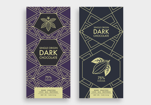 Dark Chocolate Label Packaging with Geometric Pattern and Cocoa