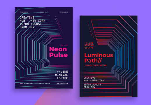 Abstract Neon Grid Posters Layout with Geometric Tunnel Lines