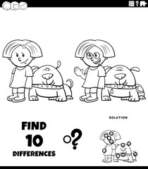 differences puzzle game with cartoon girl and her dog coloring page