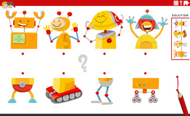 match halves puzzle with cartoon robots or droids characters pictures