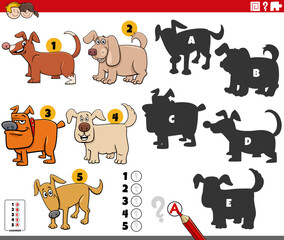 finding shadows puzzle with cartoon dogs animal characters