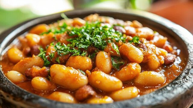 A simple meal of cooked beans served with a fresh sprig of parsley