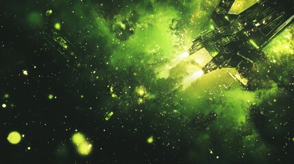 Futuristic Spaceship in Vibrant Green Cosmic Landscape with Stars
