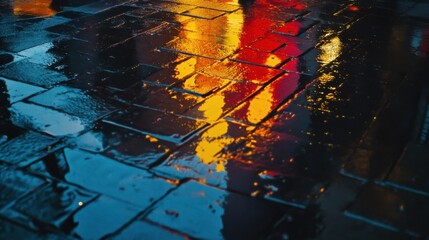 Glowing Reflections on Wet Pavement After Rain in Urban Environment