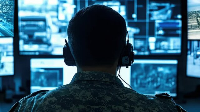 Military personnel in a command center with multiple screens and headphones.