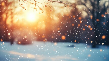 Magical Winter Scene with Snowflakes and Warm Sunset Glow