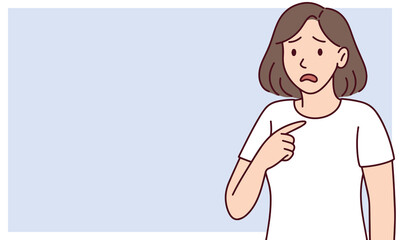 Woman with shocked expression and pointing gesture stands on pastel blue background, banner formatted for digital designs with room for copy or UI overlay. Copy space