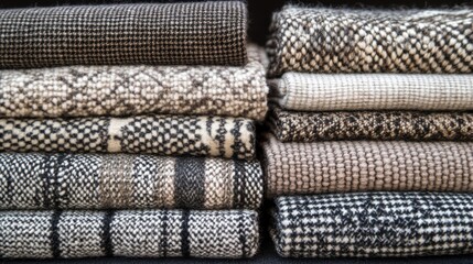 Neatly Stacked Textures and Patterns of Cozy Winter Fabrics