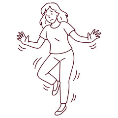 Black and white minimalist line art of young woman struggling with body tremors, loss of coordination, muscle weakness and neurological disorder symptoms showing physical instability and nervous syste