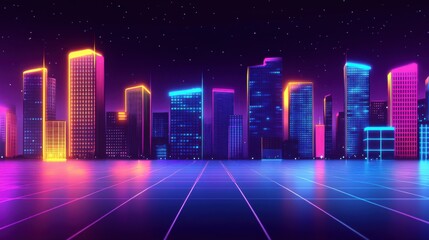 Neon City Skyline at Night with Colorful Lights and Reflections