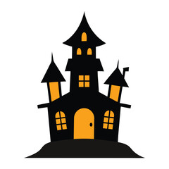 Halloween haunted house illustration with orange windows and door on white