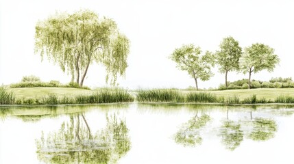 Serene Nature Landscape with Trees and Reflections in Water Body