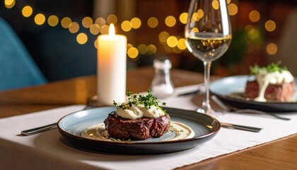 Elegant fine dining steak dinner with wine cozy restaurant ambiance gourmet cuisine evening setting