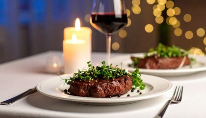 Delicious steak dinner cozy restaurant food photography elegant setting close-up gourmet experience