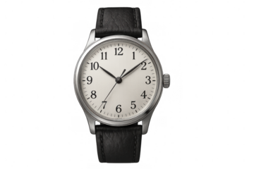 Vintage analog wristwatch featuring black leather band, white chronograph face, resting against clean transparent backdrop