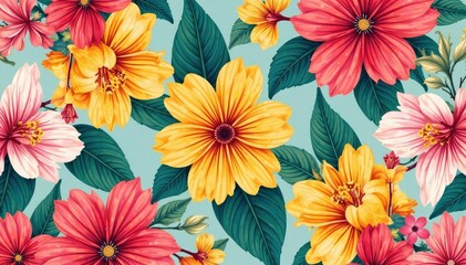 Bold, vibrant floral pattern, ideal for summer promotions , leaves, digital