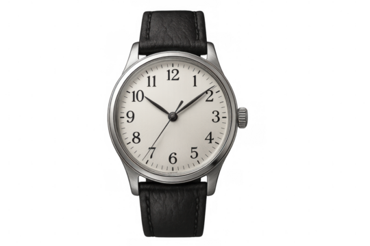 Vintage analog wristwatch featuring black leather band, white chronograph face, resting against clean transparent backdrop