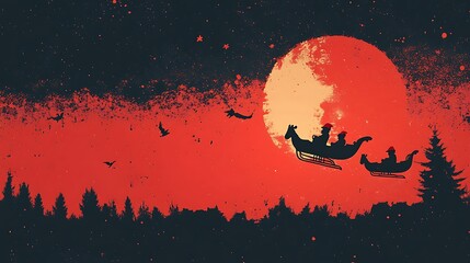 Silhouette sleighs carrying figures soar across a vibrant red sky.