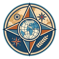 Design a retro travel agency badge featuring a vintage globe map, a prominent 