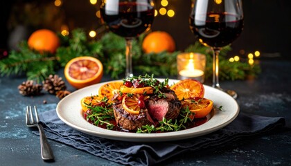 Savoring gourmet beef dish festive table setting food photography cozy atmosphere close-up view culinary artistry
