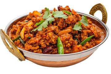 Spicy Keema Curry An aromatic Indian dish with rich flavorful ground meat in a traditional copper pot garnished with fresh cilantro
