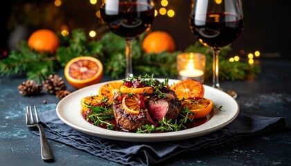 Elegant holiday dinner fine dining restaurant gourmet dish festive atmosphere close-up culinary art