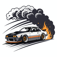 Design a vector logo for a drift racing team featuring a flaming tire skidding around a sharp corner.  The style should be aggressive and dynamic.