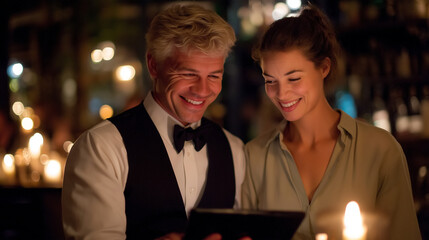Romantic candlelit dinner conversation with laughter and service