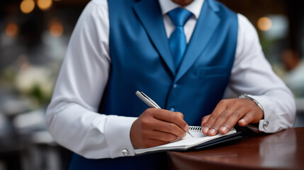 Focused Waiter Preparing Orders with Notepad in Hand