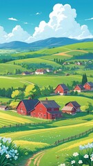 Naklejka premium Vibrant Summer Landscape Rolling Hills, Red Barns, and Lush Green Fields