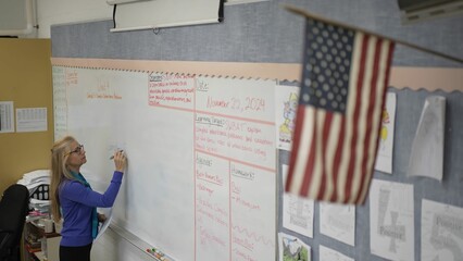 A middle-aged woman stands in front of a whiteboard, writing important notes for her class while students look on attentively. The classroom is bright and organized.
