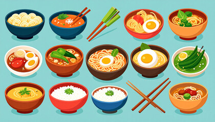 A vibrant collection of twelve diverse noodle and rice bowls, featuring various toppings and broths, complemented by chopsticks, displayed against a light-blue backdrop