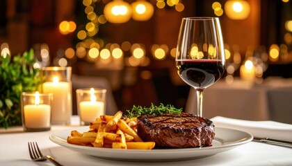 Indulging in gourmet steak dinner upscale restaurant culinary delight cozy ambiance close-up fine dining experience