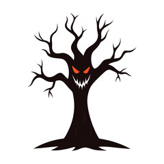Scary halloween tree with glowing eyes and sharp teeth on white background