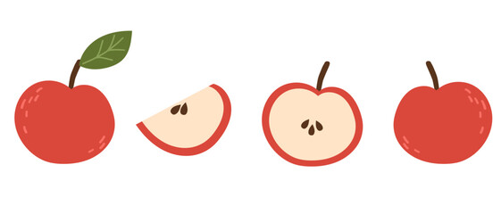 Red apple set vector illustration. Cartoon isolated whole delicious juicy fruit and cut into portion slices, half and quarter pieces and organic fruity apple