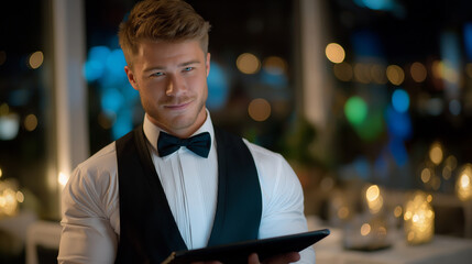 A waiter serving in soft ambient light