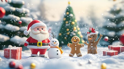 Festive winter scene with santa, snowman, and gingerbread man.