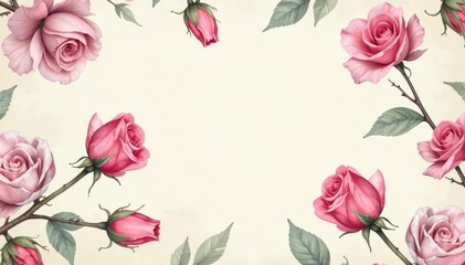 Fototapeta premium Delicate watercolor rosebuds repeat on vintage background, surface, pretty