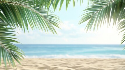 Tropical Beach Scene with Palm Fronds and Soft Ocean Waves