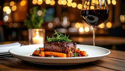 Gourmet steak dinner upscale restaurant food photography cozy atmosphere close-up culinary delight