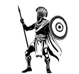 Obraz premium Ancient Warrior Silhouette: A striking silhouette of a formidable warrior, clad in classic armor, stands poised with spear and shield, epitomizing strength, courage, and ancient heritage.