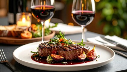 Gourmet steak dinner with red wine elegant restaurant food photography cozy atmosphere close-up view culinary experience