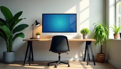 Empty chair at desk facing screen, plants nearby, homebound, space, solitude