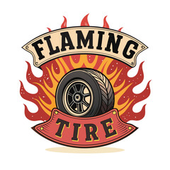 Design a flaming tire emblem with bold retro script incorporating a vehicle identification number (VIN).  The design should evoke speed and classic car culture.