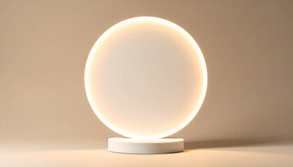Oval White Table Lamp with Warm Glowing Light on Beige Background