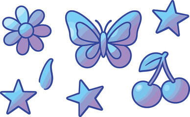 A 3D emoji set featuring holographic y2k-inspired spring and summer elements, including flowers, butterflies, cherries, and stars, in metallic blue and purple, on a gradient checkered background