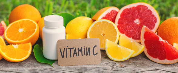 vitamin c and citrus. Selective focus.