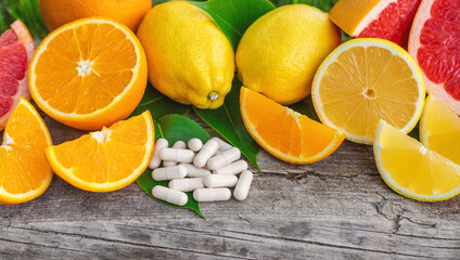 vitamin c and citrus. Selective focus.