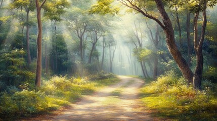 Obraz premium Serene Sunlit Pathway Through Lush Green Forest Environment