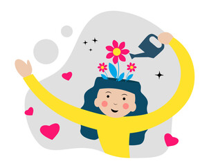 A woman with flowers on her head. A happy woman. Personal growth, positive thinking, mental health, good mood